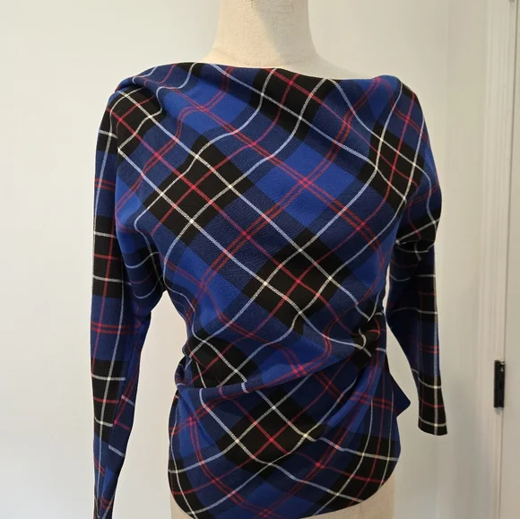 Zara Blue Plaid One-Shoulder Women's Top - Picture 2 of 4